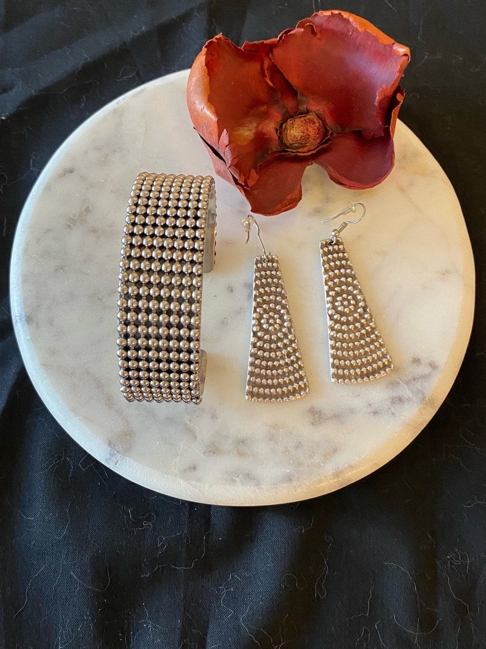 Silver Beaded Cuff Bracelet and Drop Earrings Set